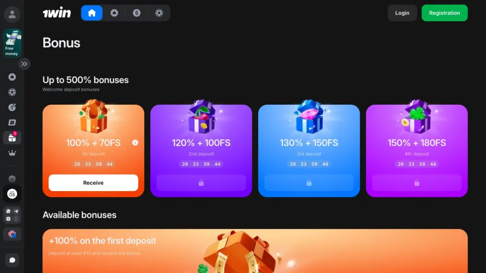 The 1Win bonus page showing the free spins attached to each deposit: 70, 100, 150 and 180