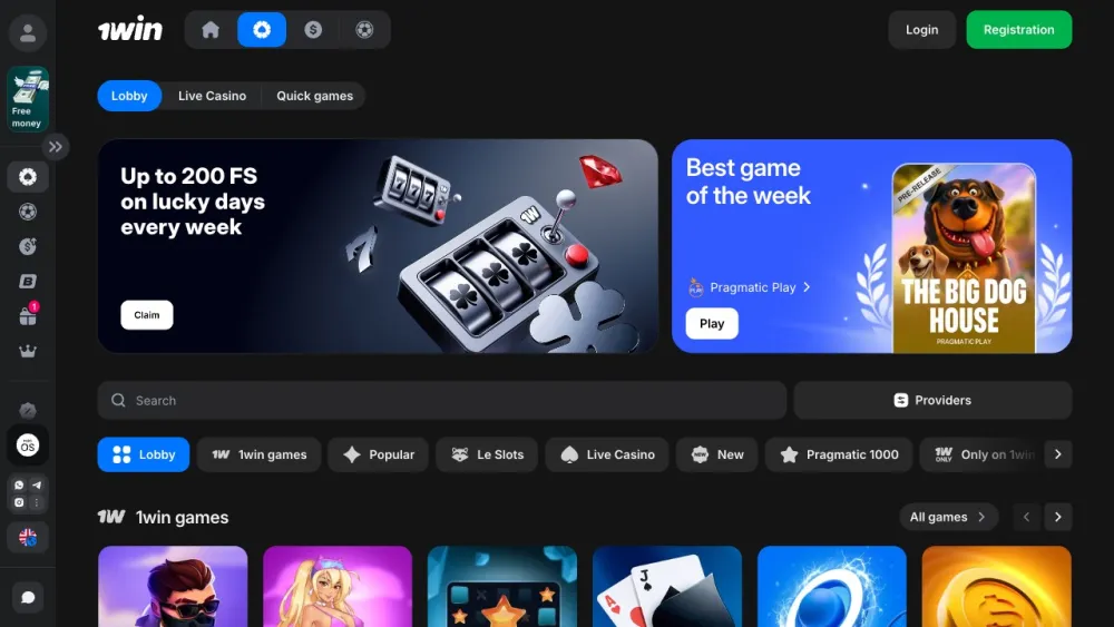 The 1Win casino section with Lobby, Live Casino and Quick games tabs, a search bar and provider filters
