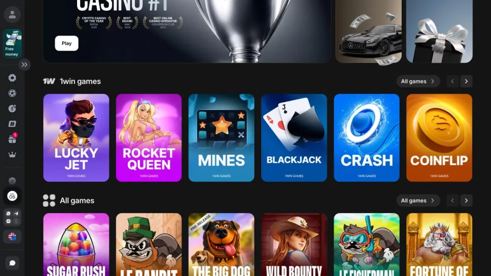 1Win's games library showing crash titles and slots with a Casino No. 1 banner and award badges