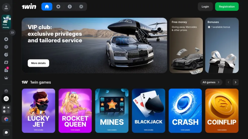 The 1Win homepage with the Login and Registration buttons in the top right